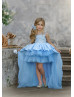 Sky Blue Glitter Tulle Slit Back High Low Flower Girl Dress